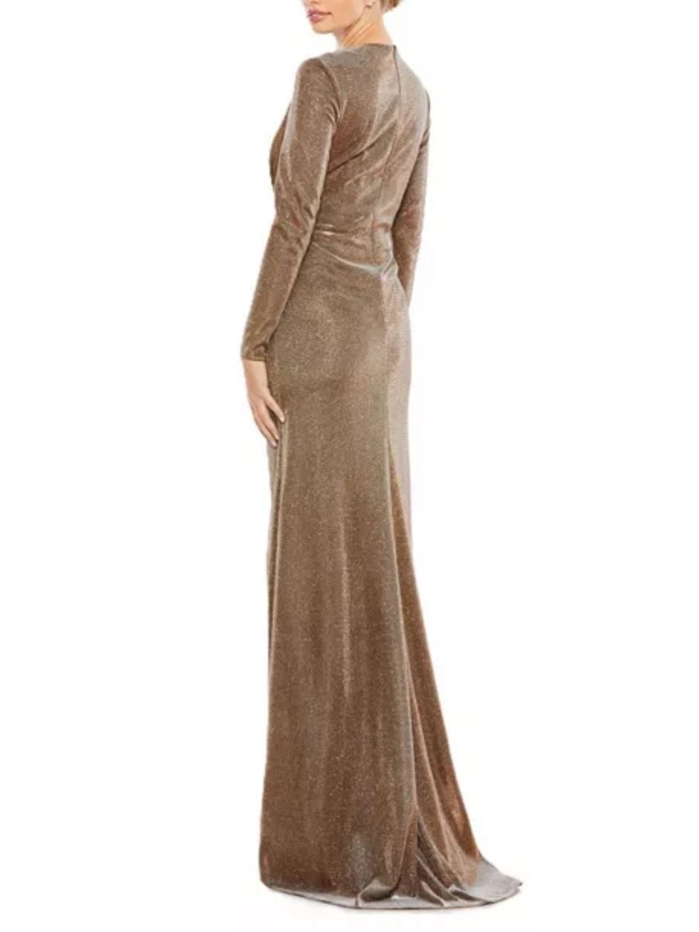 Mac Duggal Metallic Bronze Long Sleeve Knot-Front Gown - Picture 3 of 10